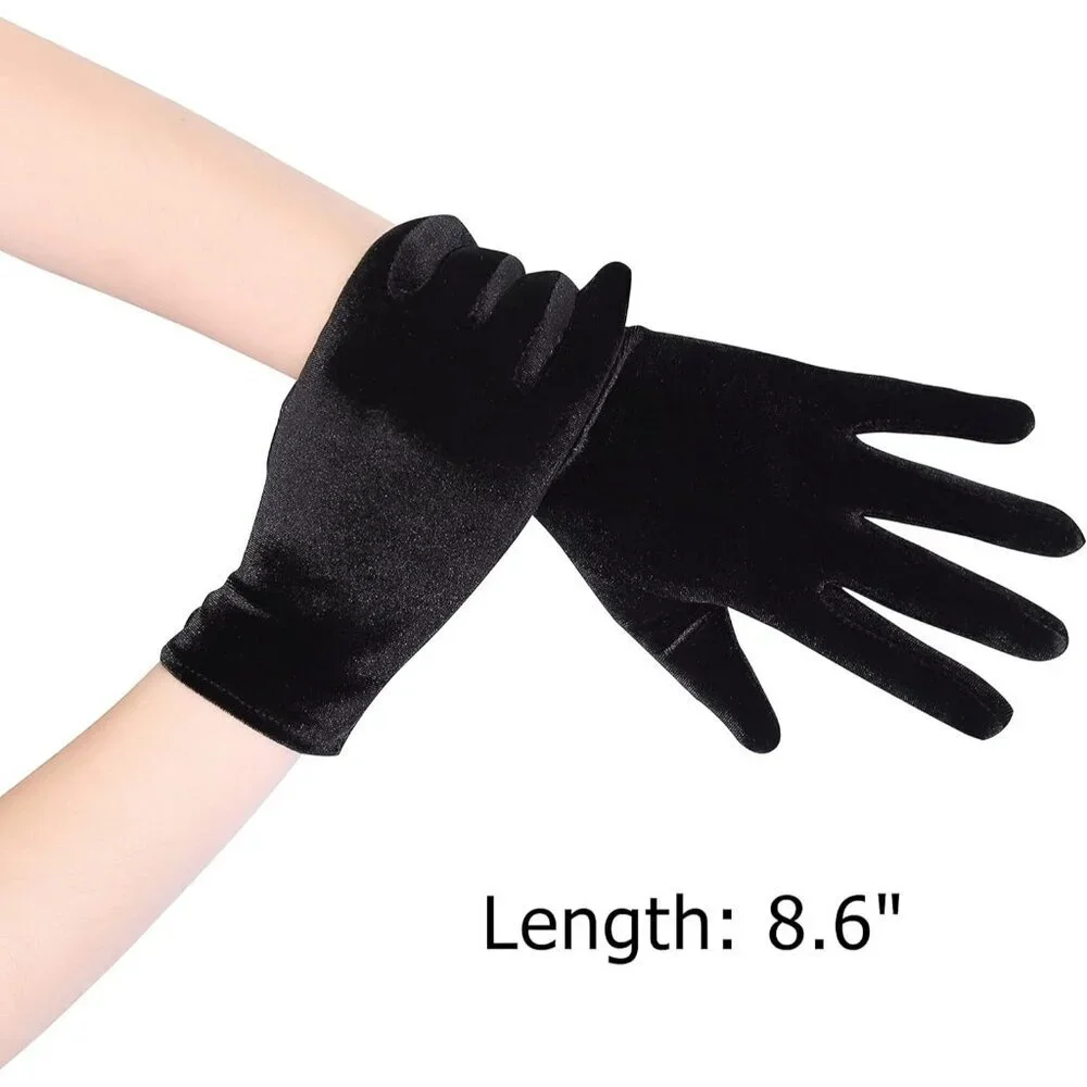 Women's Deep Black Velvet Short Satin Gloves Style Wrist Flapper Banquet